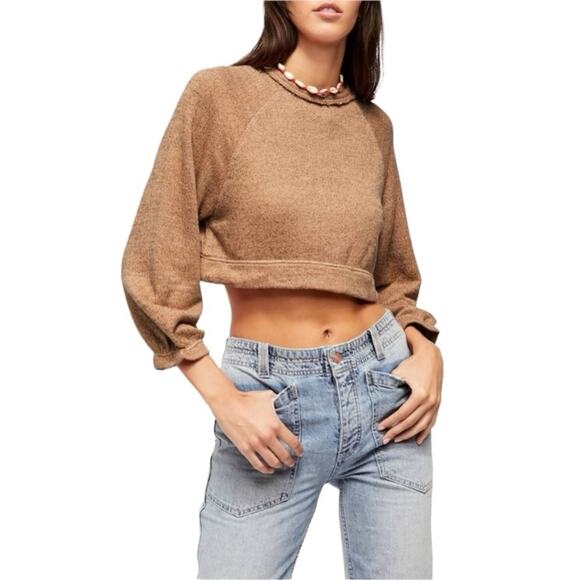 Free People Jade Tan Pullover Knit Crop Sweatshirt size small - Picture 1 of 11